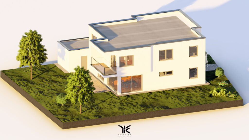 Moderne Architektur mit großen Glasflächen und Terrasse – entworfen vom Architekturbüro Karyakos