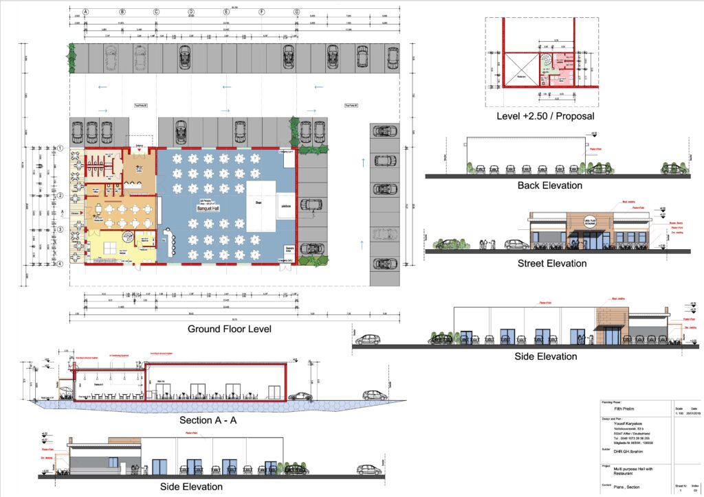 Architekturplan des EGNASIUS Restaurants mit Grundriss und Fassadenansichten