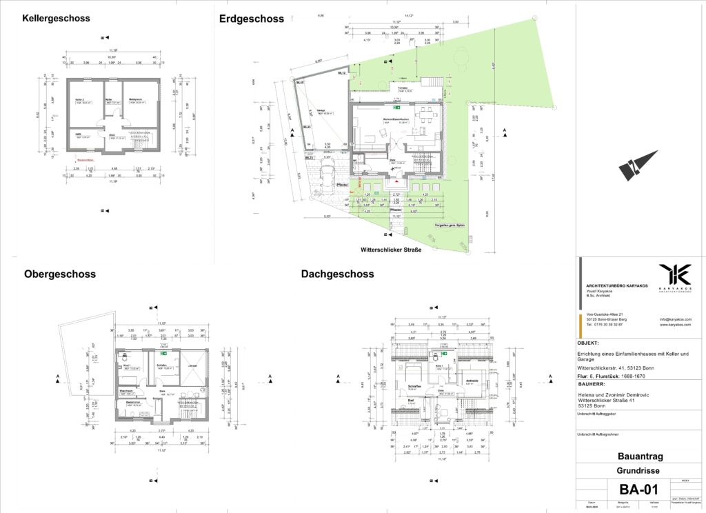 Grundrisse eines geplanten Einfamilienhauses mit Garten und Garage – Bonn