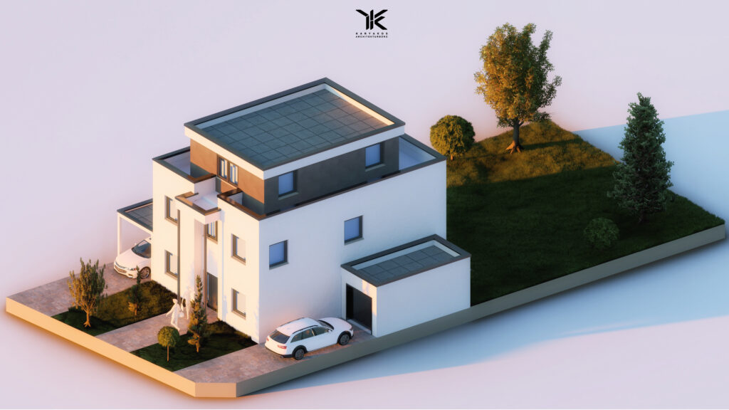 Visualisierung eines modernen Einfamilienhauses mit Flachdach – Karyakos Architekturbüro