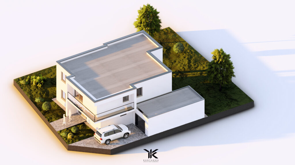 Visualisierung eines modernen Einfamilienhauses mit Flachdach und Garage von Karyakos Architekturbüro