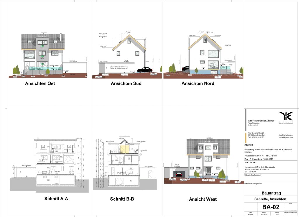 Architektenzeichnung eines Einfamilienhauses mit Keller und Garage – Projektansichten in Bonn