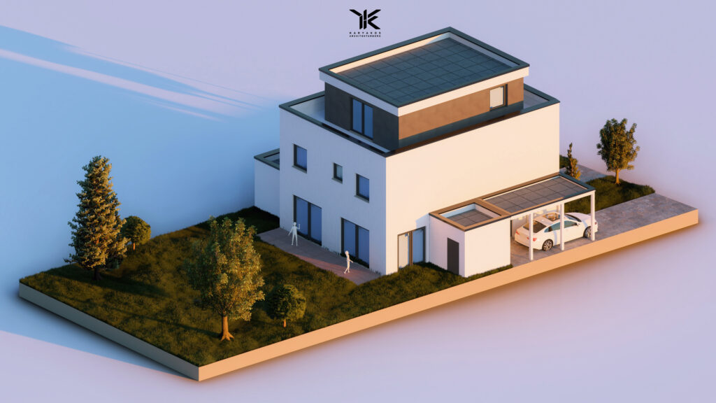 Architekturvisualisierung eines modernen Einfamilienhauses mit Garten und Carport – Karyakos Architekturbüro Bonn