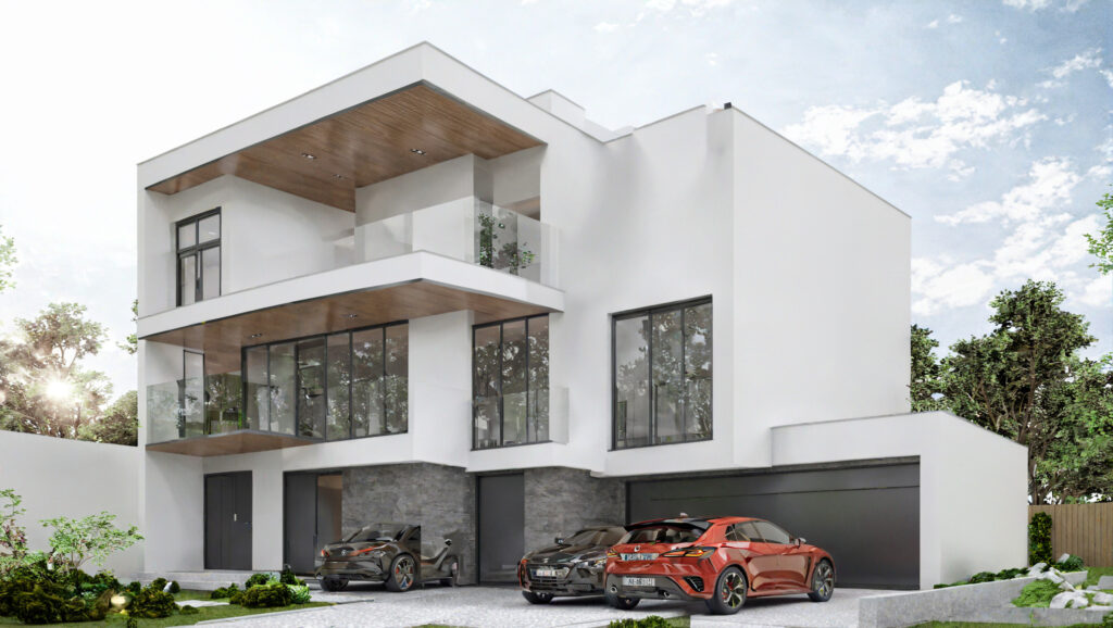 Moderne weiße Stadtvilla mit Glasfassade, Balkon und Garage